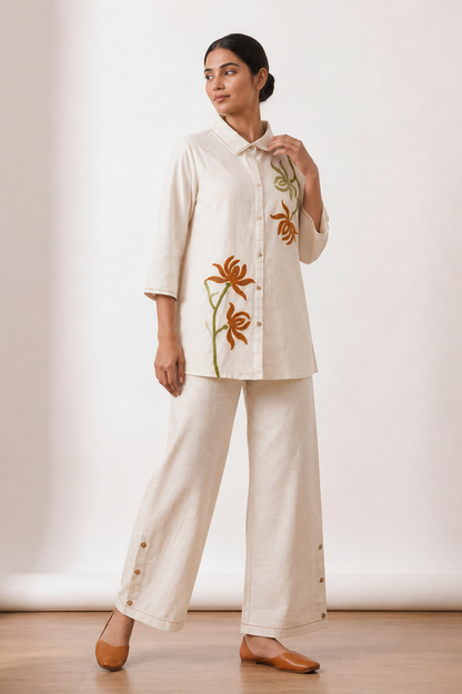 Ivory Floral Embroidered Co-Ord Set for Women
