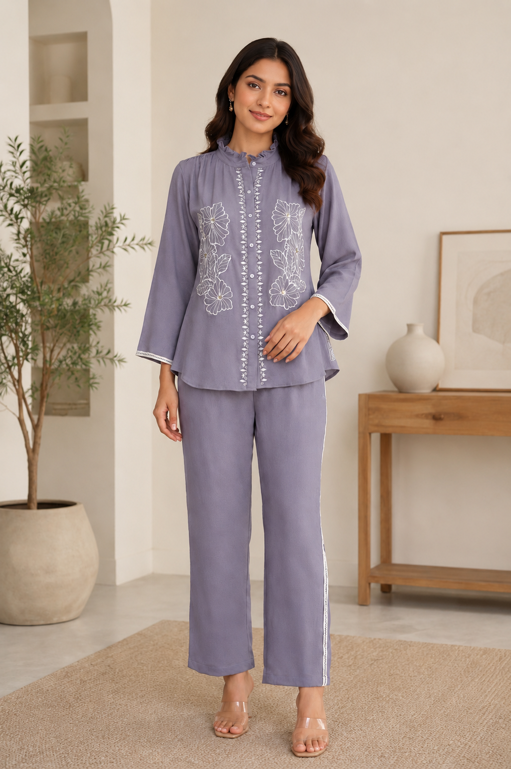 Lavender-Grey Co-Ord Set for Women — Obaku Fabric