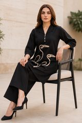 Midnight Black Crane Embroidered Cotton Co-Ord Set