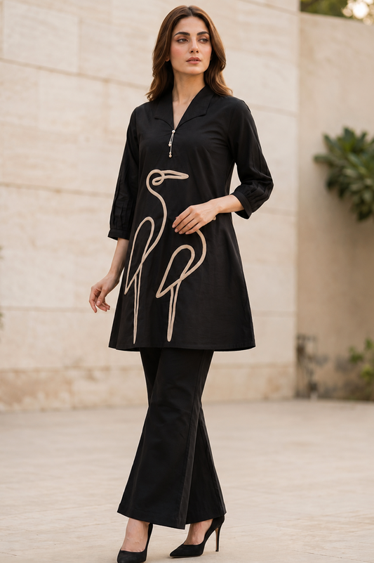 Midnight Black Crane Embroidered Cotton Co-Ord Set