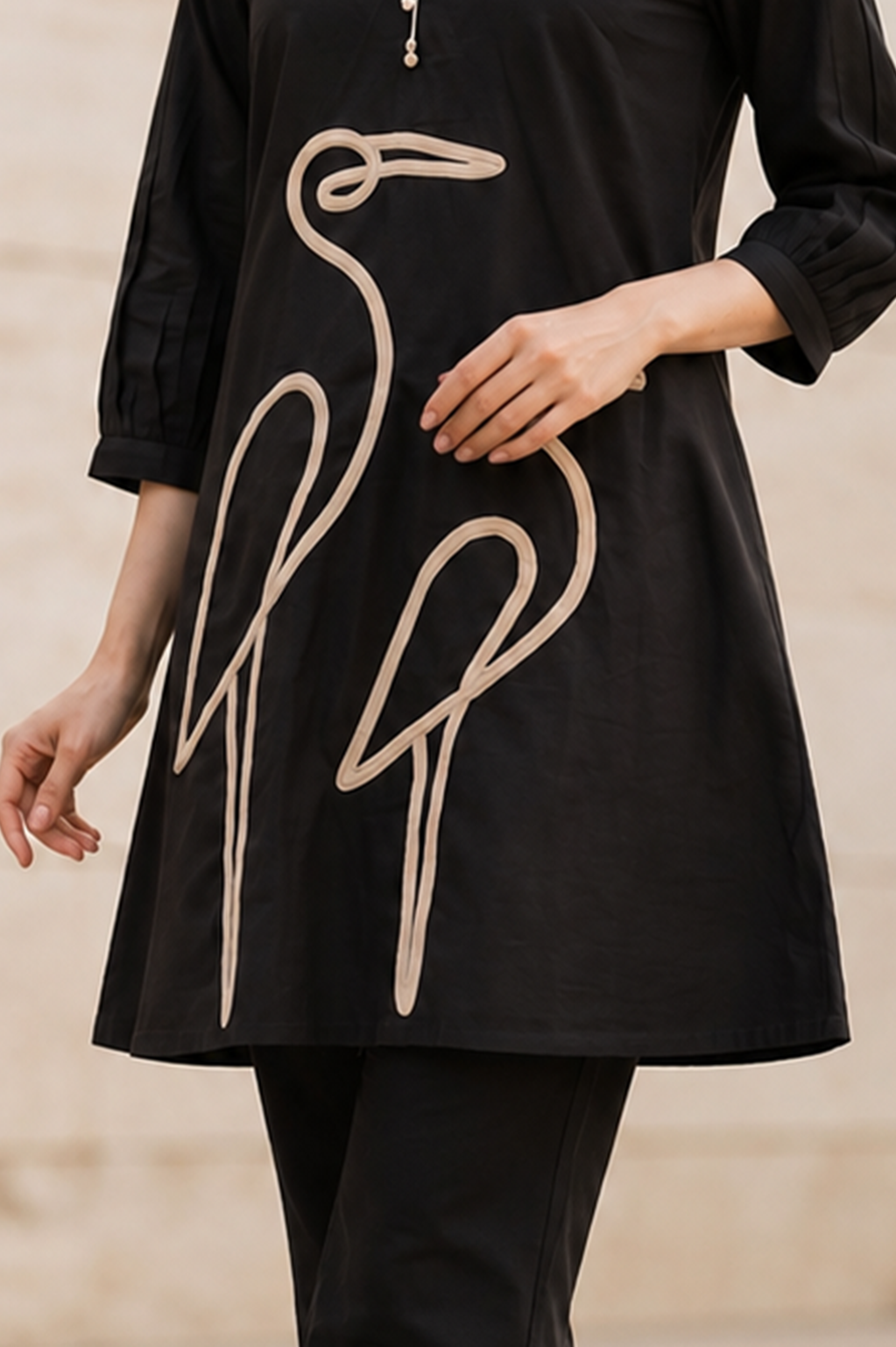Midnight Black Crane Embroidered Cotton Co-Ord Set