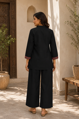 Black Embroidered Roman Silk Co-Ord Set for Women — Kurta-Style Top & Straight Pants