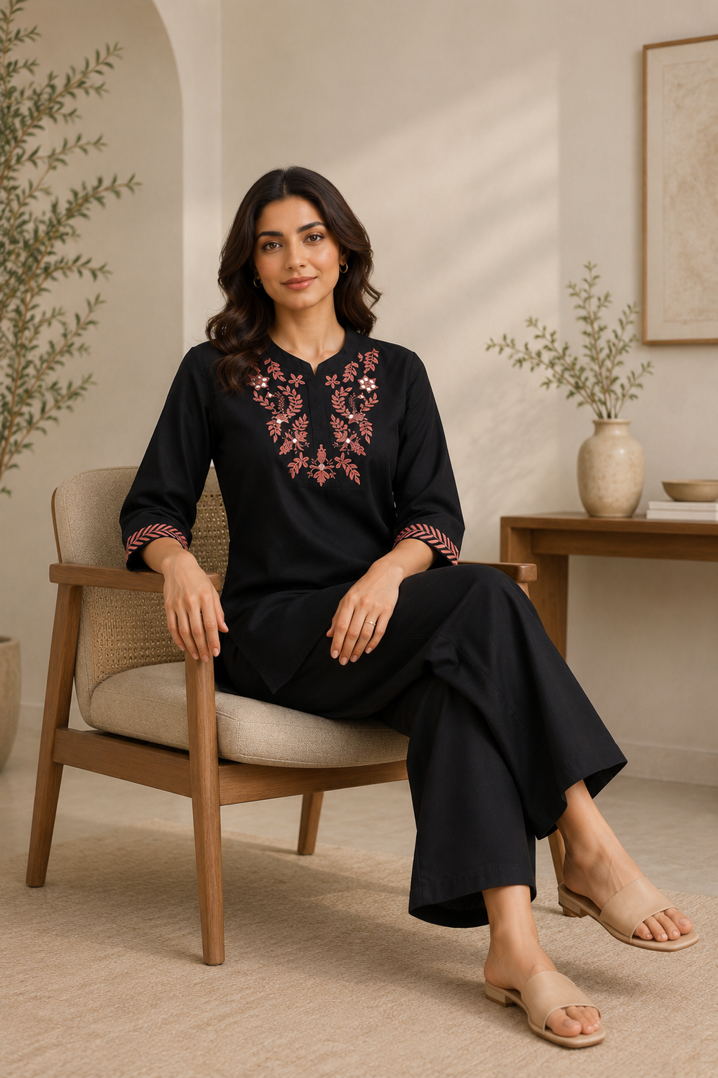 Black Embroidered Roman Silk Co-Ord Set for Women — Kurta-Style Top & Straight Pants