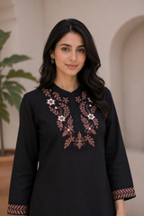 Black Embroidered Roman Silk Co-Ord Set for Women — Kurta-Style Top & Straight Pants