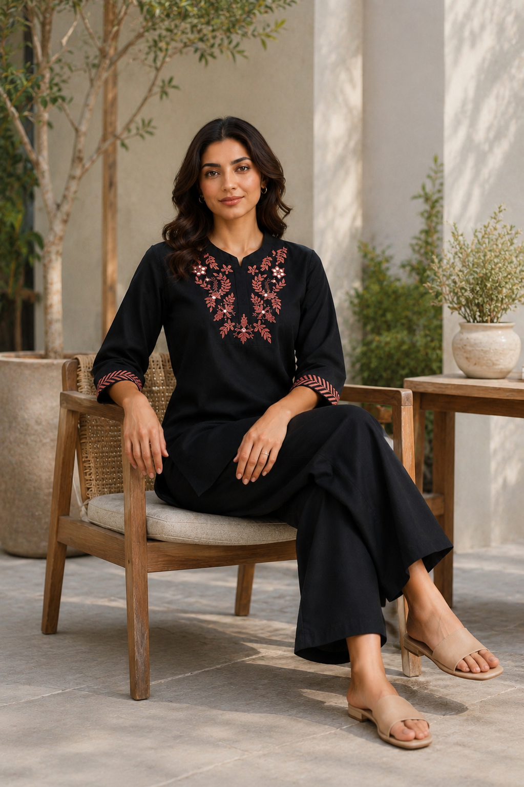 Black Embroidered Roman Silk Co-Ord Set for Women — Kurta-Style Top & Straight Pants
