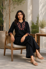Black Embroidered Roman Silk Co-Ord Set for Women — Kurta-Style Top & Straight Pants