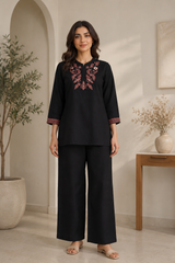 Black Embroidered Roman Silk Co-Ord Set for Women — Kurta-Style Top & Straight Pants