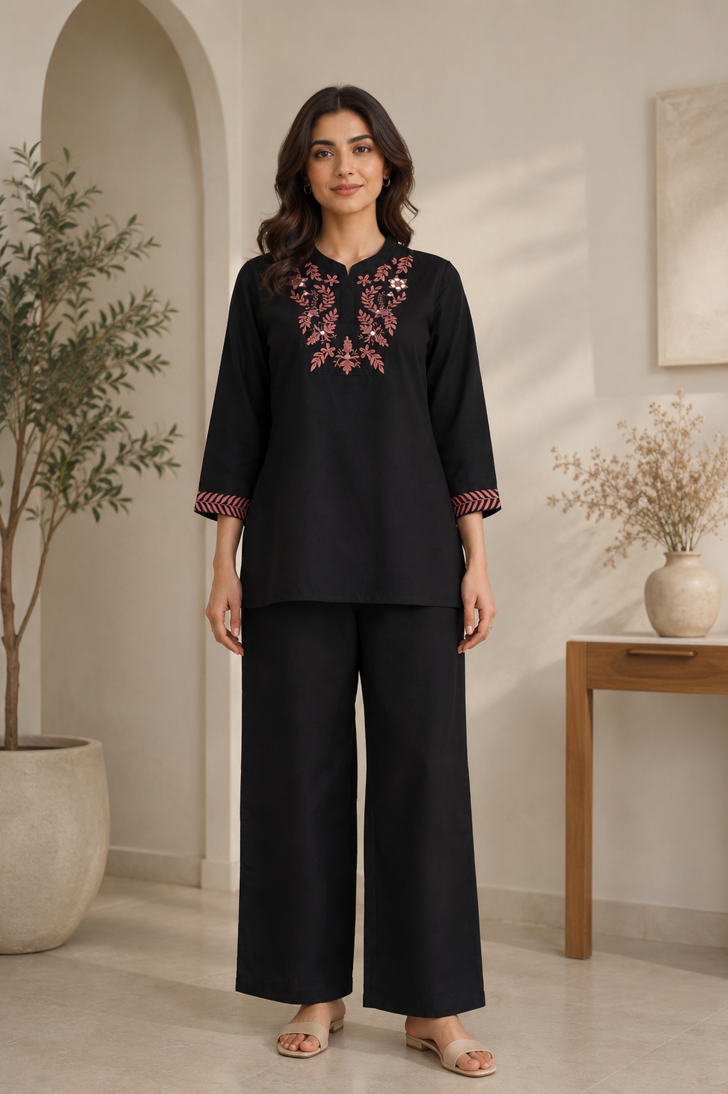 Black Embroidered Roman Silk Co-Ord Set for Women — Kurta-Style Top & Straight Pants