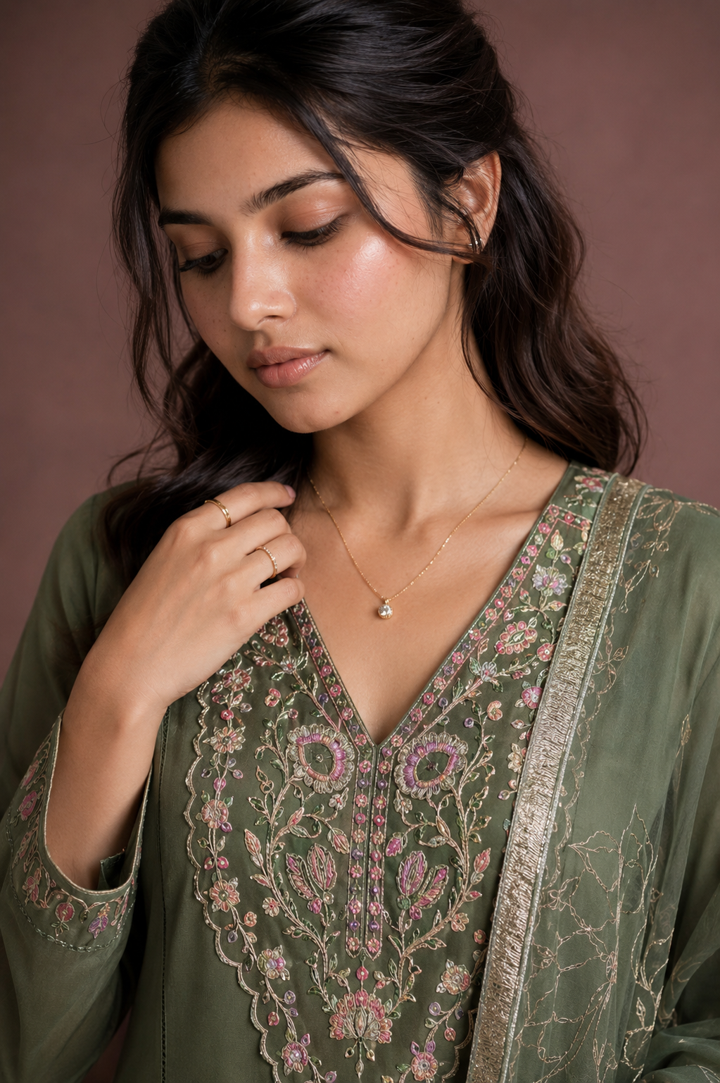 Mint Blossom Embroidered Designer Kurta Set