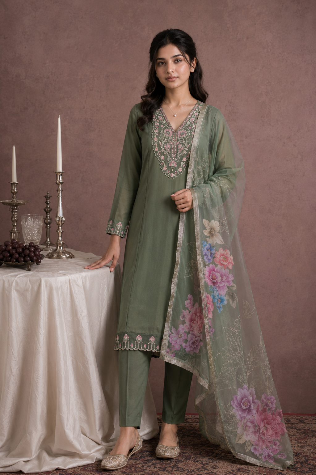 Mint Blossom Embroidered Designer Kurta Set