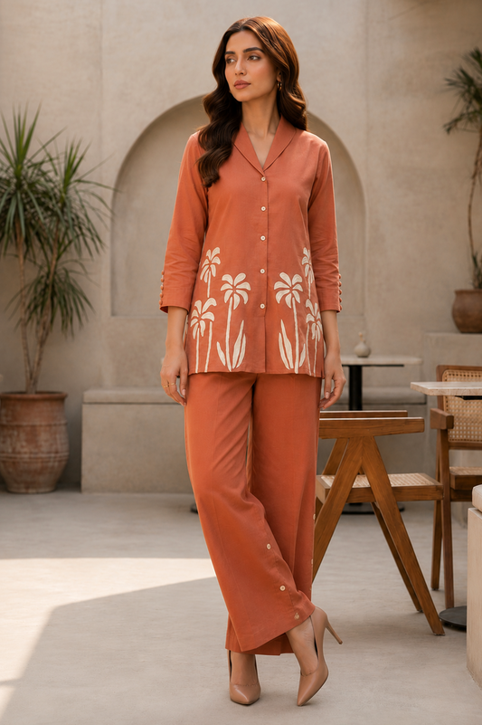 Terracotta Palm Print Cotton Co-Ord Set