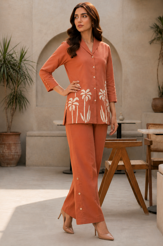 Terracotta Palm Print Cotton Co-Ord Set