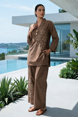Mocha Brown Floral Embroidered Cotton Co-Ord Set