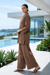 Mocha Brown Floral Embroidered Cotton Co-Ord Set
