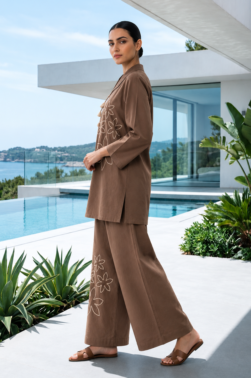 Mocha Brown Floral Embroidered Cotton Co-Ord Set