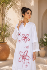 White A-Line Western Dress — Crimson Floral Embroidered