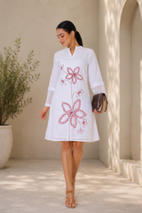 White A-Line Western Dress — Crimson Floral Embroidered