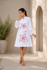 White A-Line Western Dress — Crimson Floral Embroidered