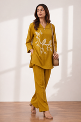 Mustard Cotton Co-Ord Set for Women – Bird Embroidered Kurti & Trouser Set