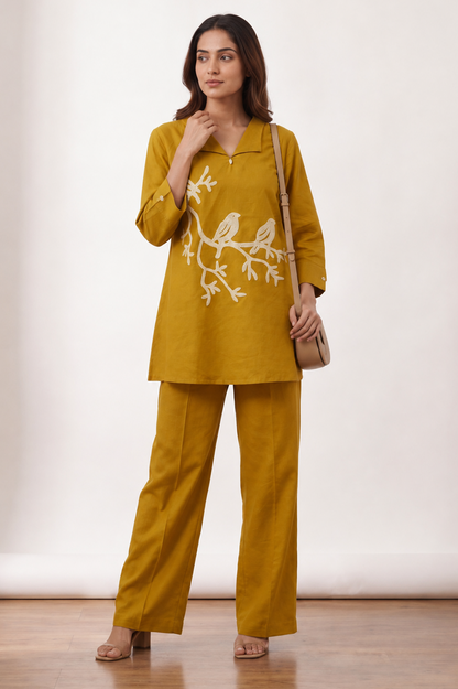 Mustard Cotton Co-Ord Set for Women – Bird Embroidered Kurti & Trouser Set
