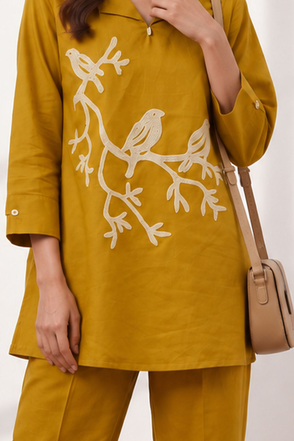Mustard Cotton Co-Ord Set for Women – Bird Embroidered Kurti & Trouser Set