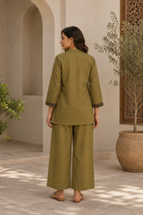 Olive Green Roman Silk Co-Ord Set for Women — Mandarin Notch Collar Kurti & Straight Trousers