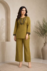 Olive Green Roman Silk Co-Ord Set for Women — Mandarin Notch Collar Kurti & Straight Trousers