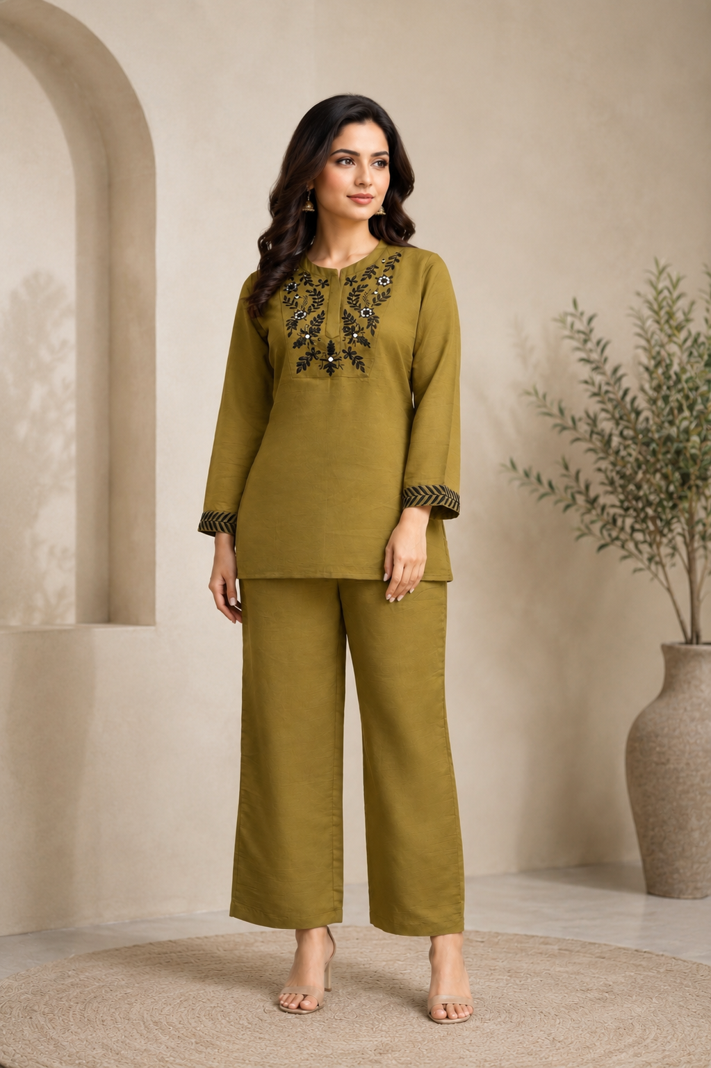 Olive Green Roman Silk Co-Ord Set for Women — Mandarin Notch Collar Kurti & Straight Trousers