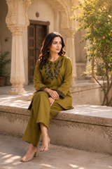 Olive Green Roman Silk Co-Ord Set for Women — Mandarin Notch Collar Kurti & Straight Trousers