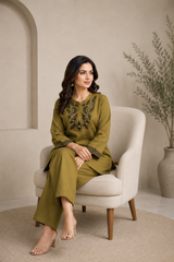 Olive Green Roman Silk Co-Ord Set for Women — Mandarin Notch Collar Kurti & Straight Trousers