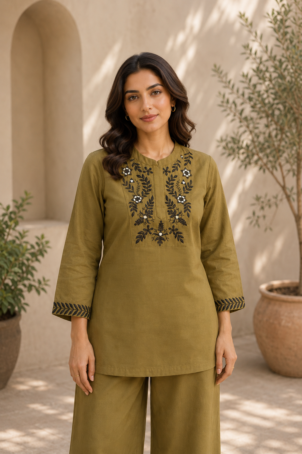 Olive Green Roman Silk Co-Ord Set for Women — Mandarin Notch Collar Kurti & Straight Trousers