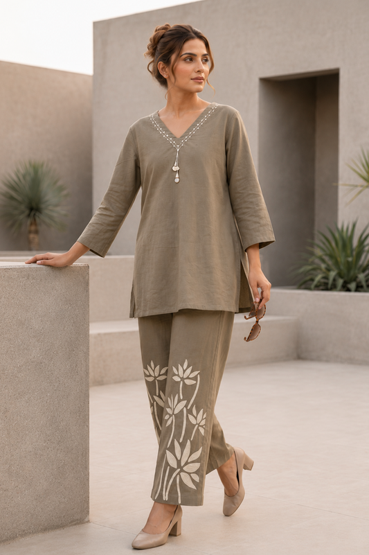 Olive Taupe Floral Print Cotton Co-Ord Set for Women