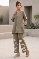 Olive Taupe Floral Print Cotton Co-Ord Set for Women