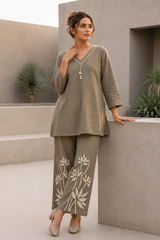Olive Taupe Floral Print Cotton Co-Ord Set for Women