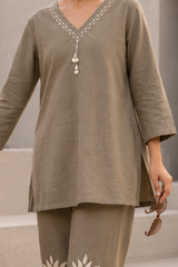 Olive Taupe Floral Print Cotton Co-Ord Set for Women