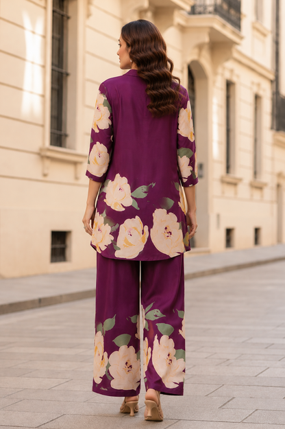 Plum Bloom Printed Co-Ord Set — Shirt & Wide-Leg Trouser Set