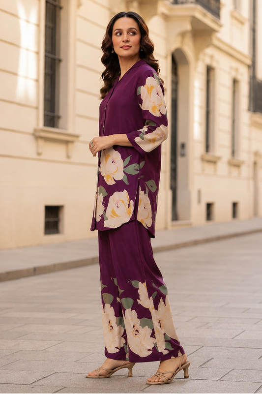 Plum Bloom Printed Co-Ord Set — Shirt & Wide-Leg Trouser Set