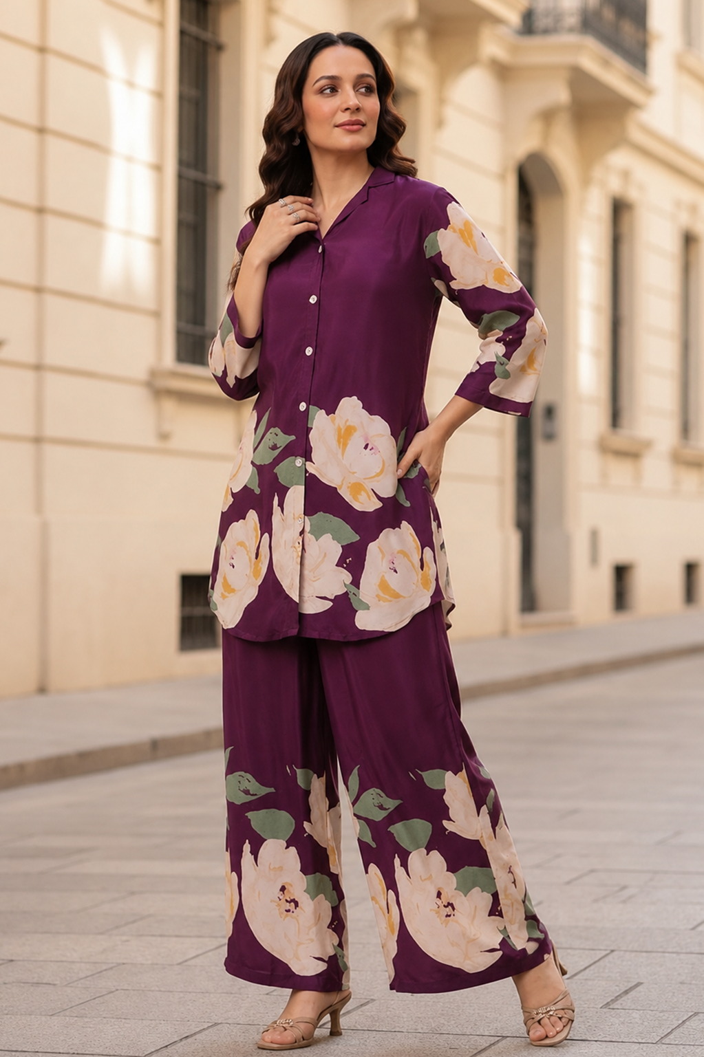 Plum Bloom Printed Co-Ord Set — Shirt & Wide-Leg Trouser Set