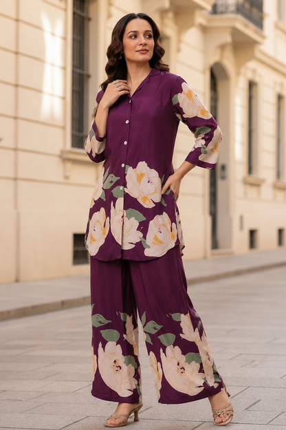 Plum Bloom Printed Co-Ord Set — Shirt & Wide-Leg Trouser Set