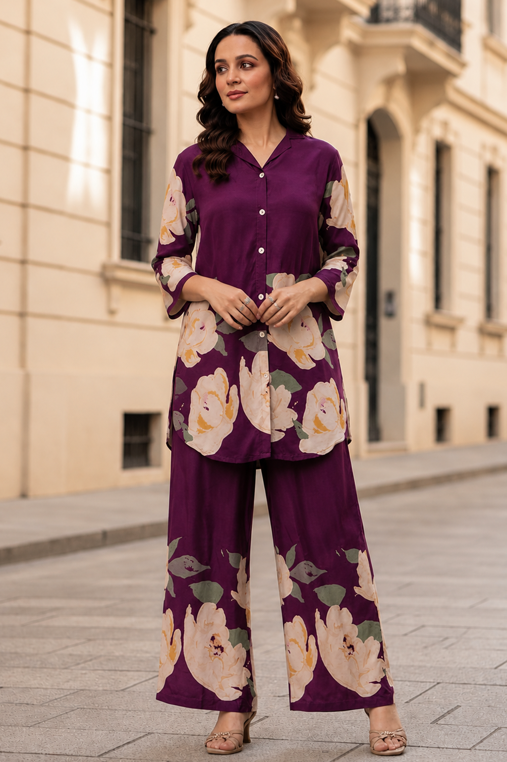 Plum Bloom Printed Co-Ord Set — Shirt & Wide-Leg Trouser Set