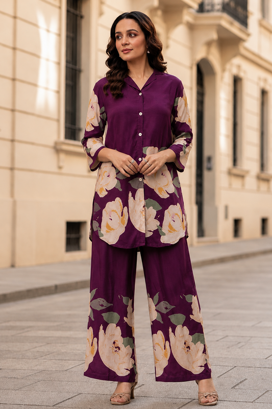 Plum Bloom Printed Co-Ord Set — Shirt & Wide-Leg Trouser Set