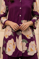 Plum Bloom Printed Co-Ord Set — Shirt & Wide-Leg Trouser Set