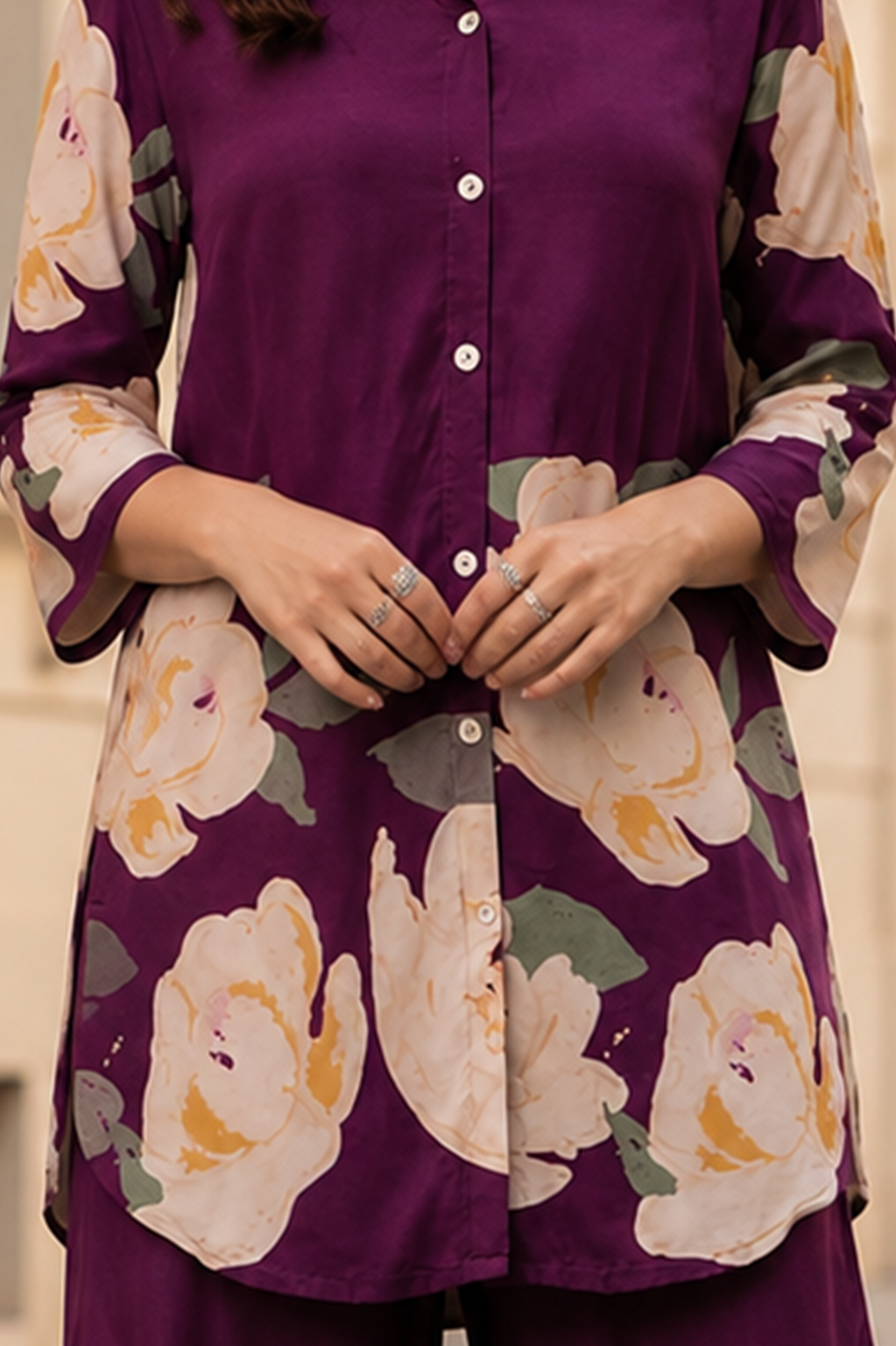 Plum Bloom Printed Co-Ord Set — Shirt & Wide-Leg Trouser Set