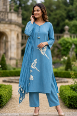 Powder Blue Bird Print Cotton Co-ord Set for Women – Kurta, Pant & Crinkle Dupatta