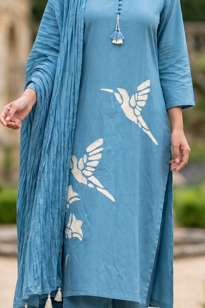 Powder Blue Bird Print Cotton Co-ord Set for Women – Kurta, Pant & Crinkle Dupatta