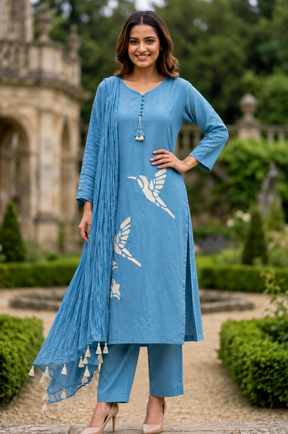 Powder Blue Bird Print Cotton Co-ord Set for Women – Kurta, Pant & Crinkle Dupatta