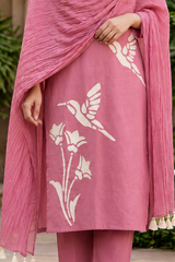 Rose Pink Bird Print Cotton Co-ord Set for Women – Festive Kurta, Pant & Dupatta