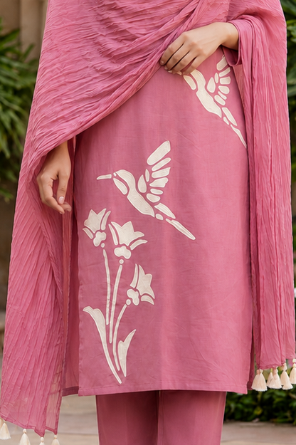 Rose Pink Bird Print Cotton Co-ord Set for Women – Festive Kurta, Pant & Dupatta
