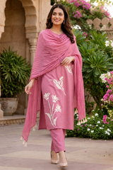 Rose Pink Bird Print Cotton Co-ord Set for Women – Festive Kurta, Pant & Dupatta