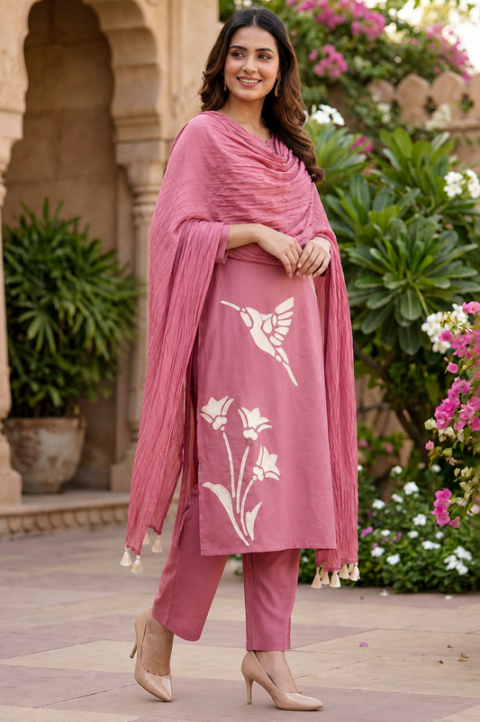Rose Pink Bird Print Cotton Co-ord Set for Women – Festive Kurta, Pant & Dupatta